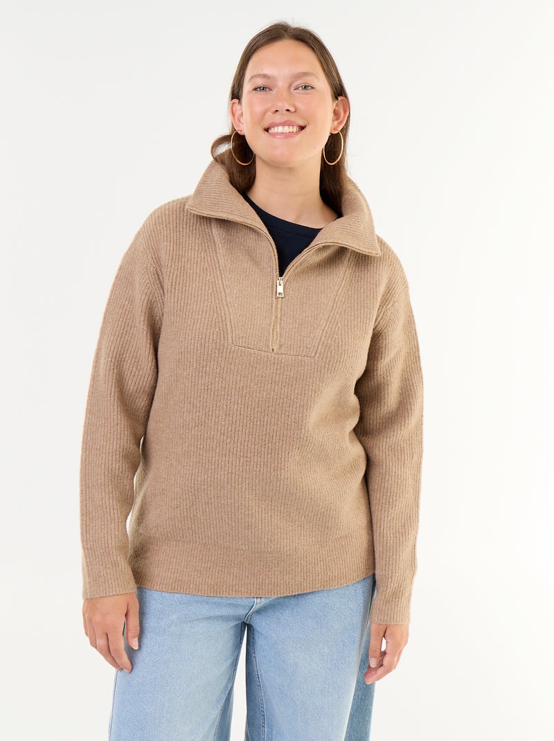 Jersey acanalado con cremallera y cuello alto Beige - Kiabi
