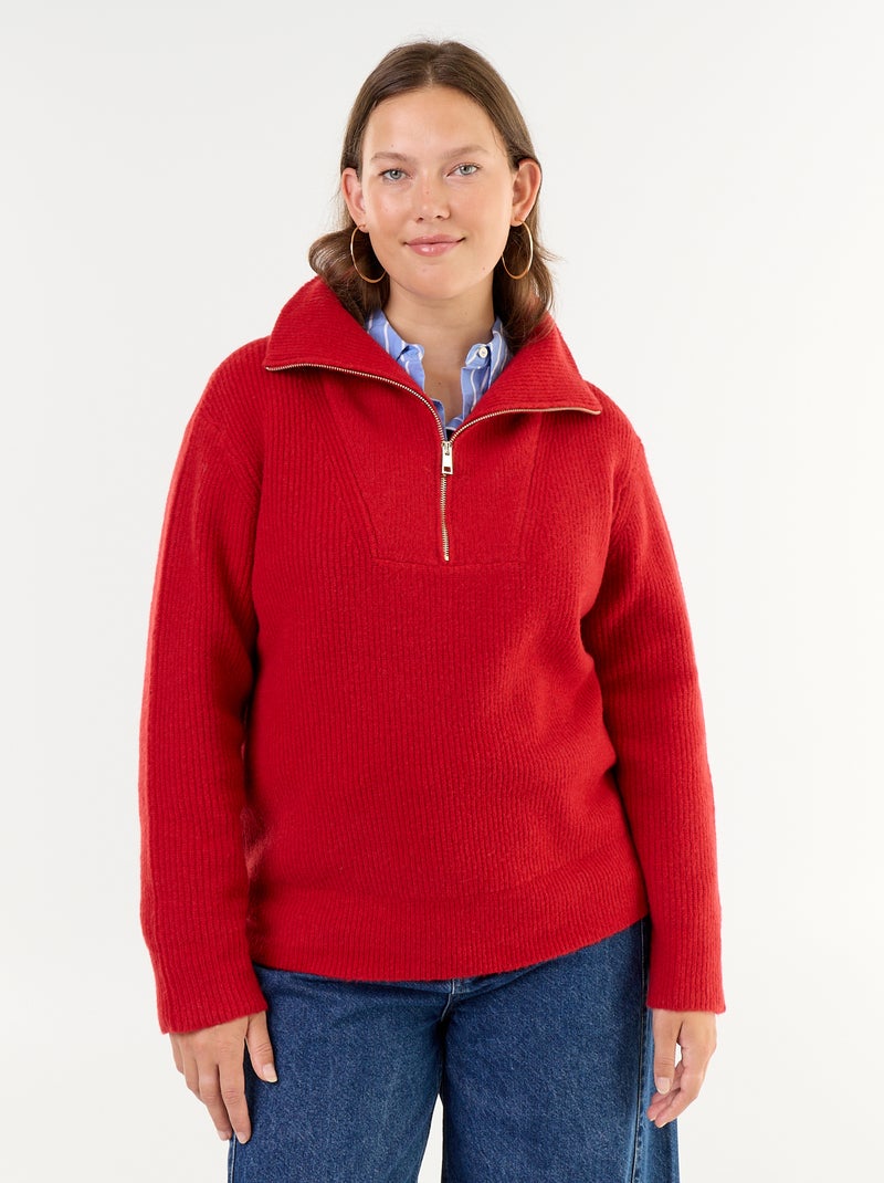 Jersey acanalado con cremallera y cuello alto Rojo - Kiabi