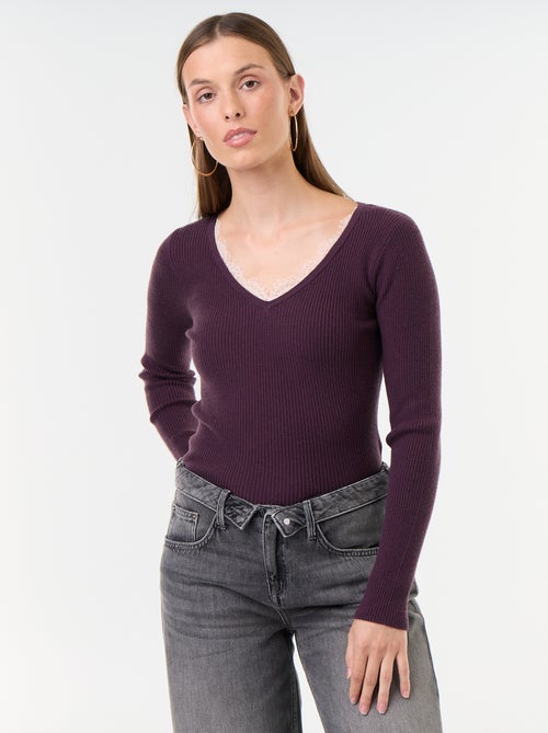 Jersey acanalado con cuello de pico y encaje - Kiabi Jersey acanalado con cuello de pico y encaje - Kiabi