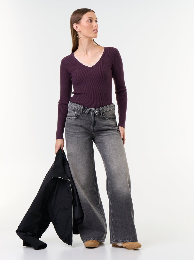 Jersey acanalado con cuello de pico y encaje Purpura - Kiabi