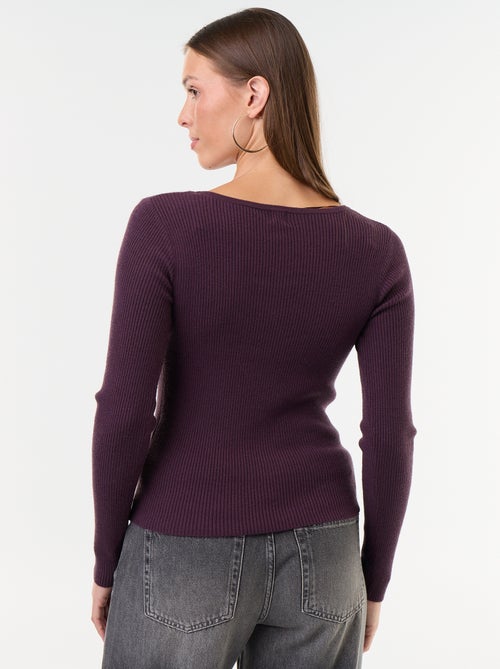 Jersey acanalado con cuello de pico y encaje - Kiabi Jersey acanalado con cuello de pico y encaje - Kiabi