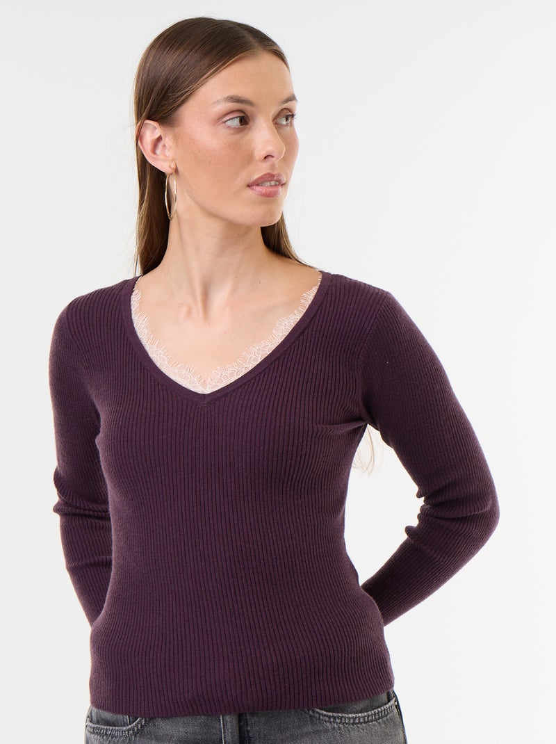 Jersey acanalado con cuello de pico y encaje Purpura - Kiabi