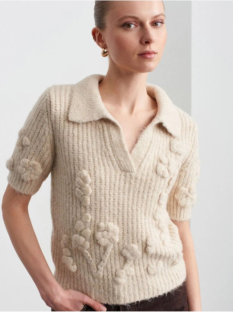 Jersey acanalado texturizado con cuello polo Crema - Kiabi