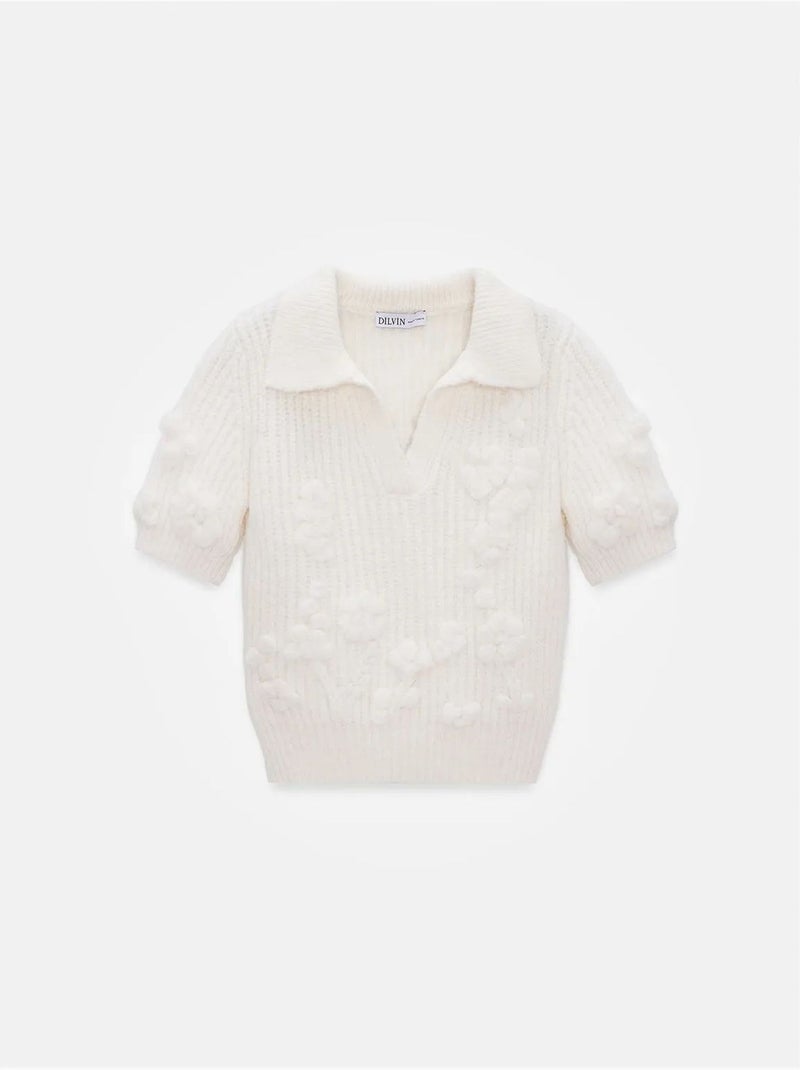 Jersey acanalado texturizado con cuello polo Marfil - Kiabi