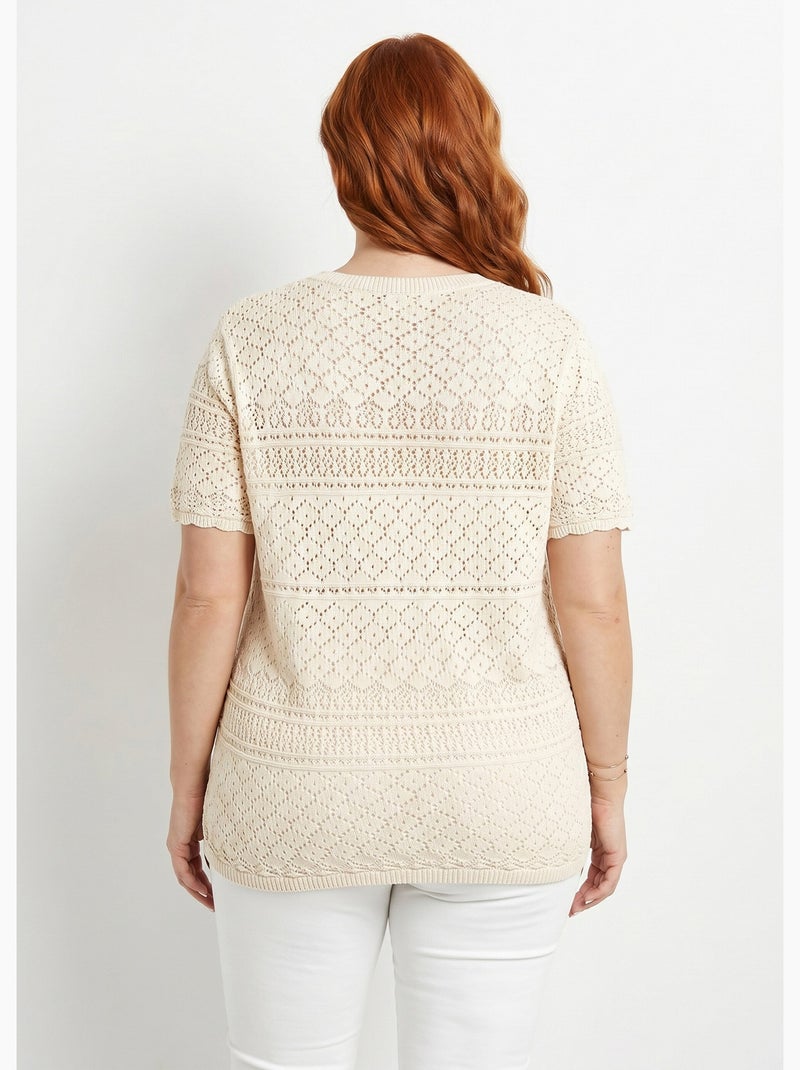 Jersey blusón calado de manga corta con cuello redondo - Afibel Beige - Kiabi