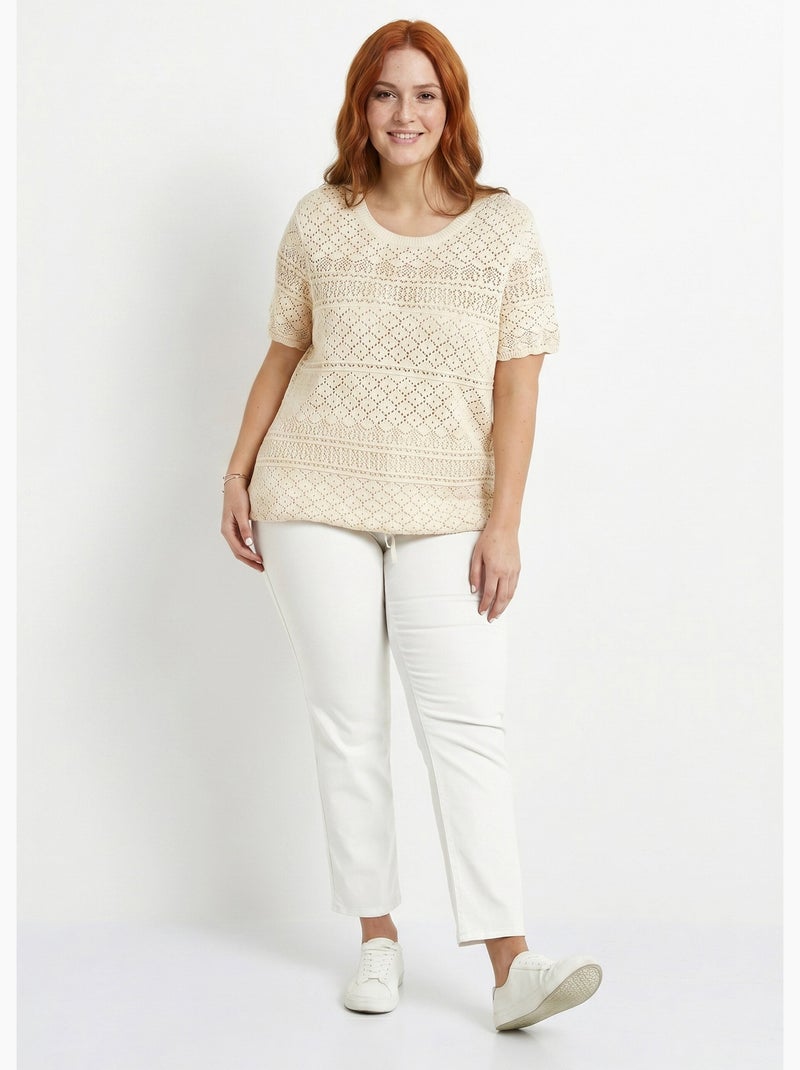 Jersey blusón calado de manga corta con cuello redondo - Afibel Beige - Kiabi