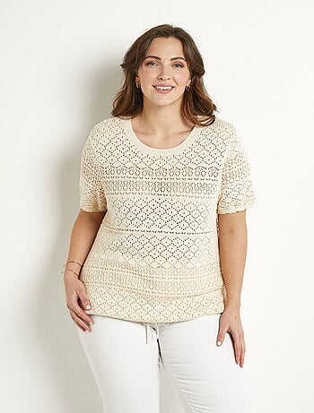 Jersey blusón calado de manga corta con cuello redondo