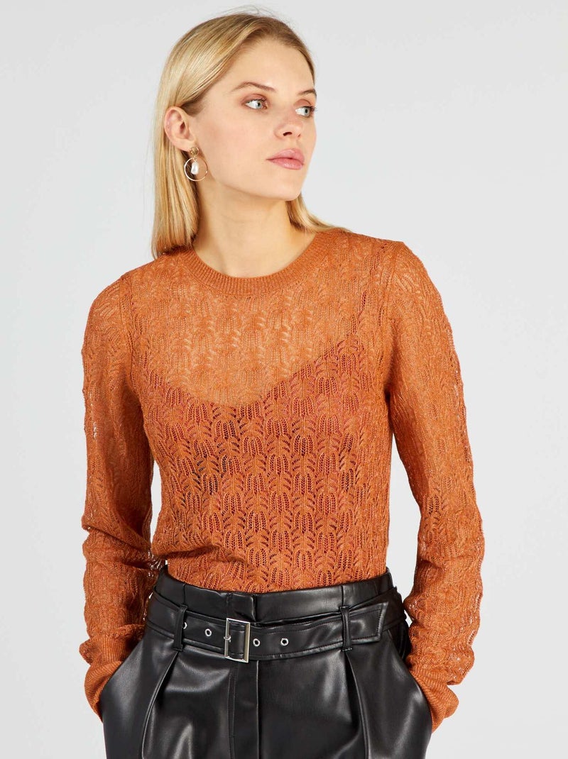 Jersey calado con cuello redondo MARRON - Kiabi