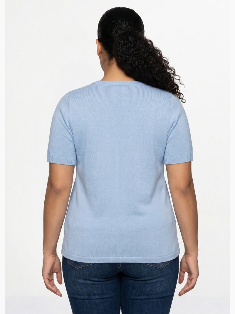Jersey calado de pedrería de manga corta - Afibel Azul - Kiabi