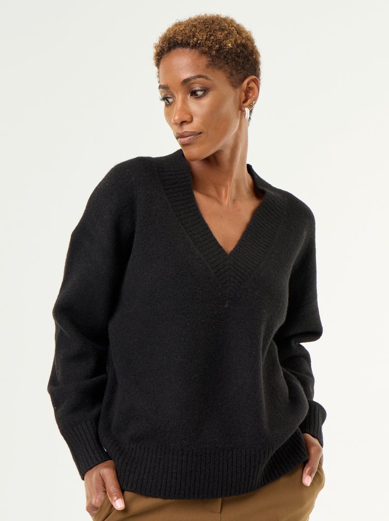 Jersey con amplio escote en V de punto acanalado Negro - Kiabi