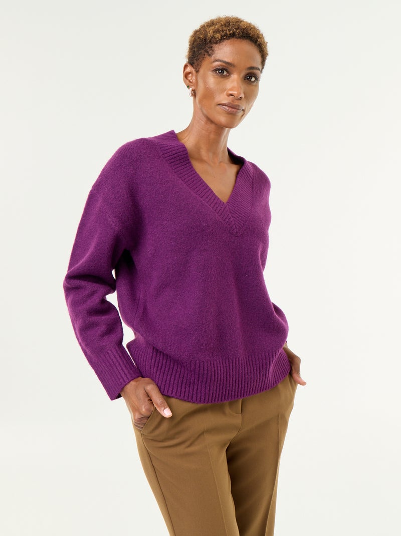 Jersey con amplio escote en V de punto acanalado Purpura - Kiabi