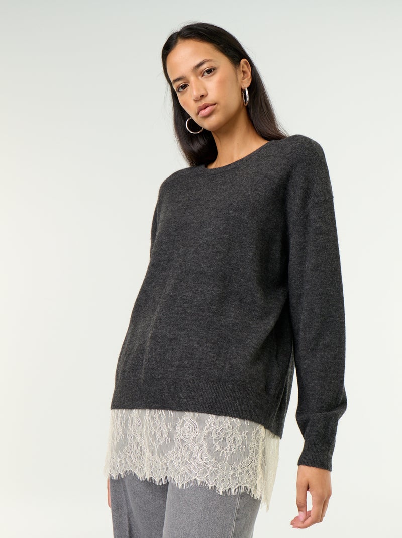 Jersey con canesú de encaje Gris - Kiabi