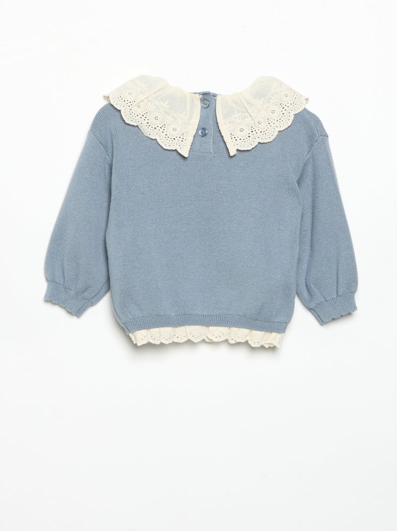Jersey con cuello de fantasía y bordado inglés Azul - Kiabi