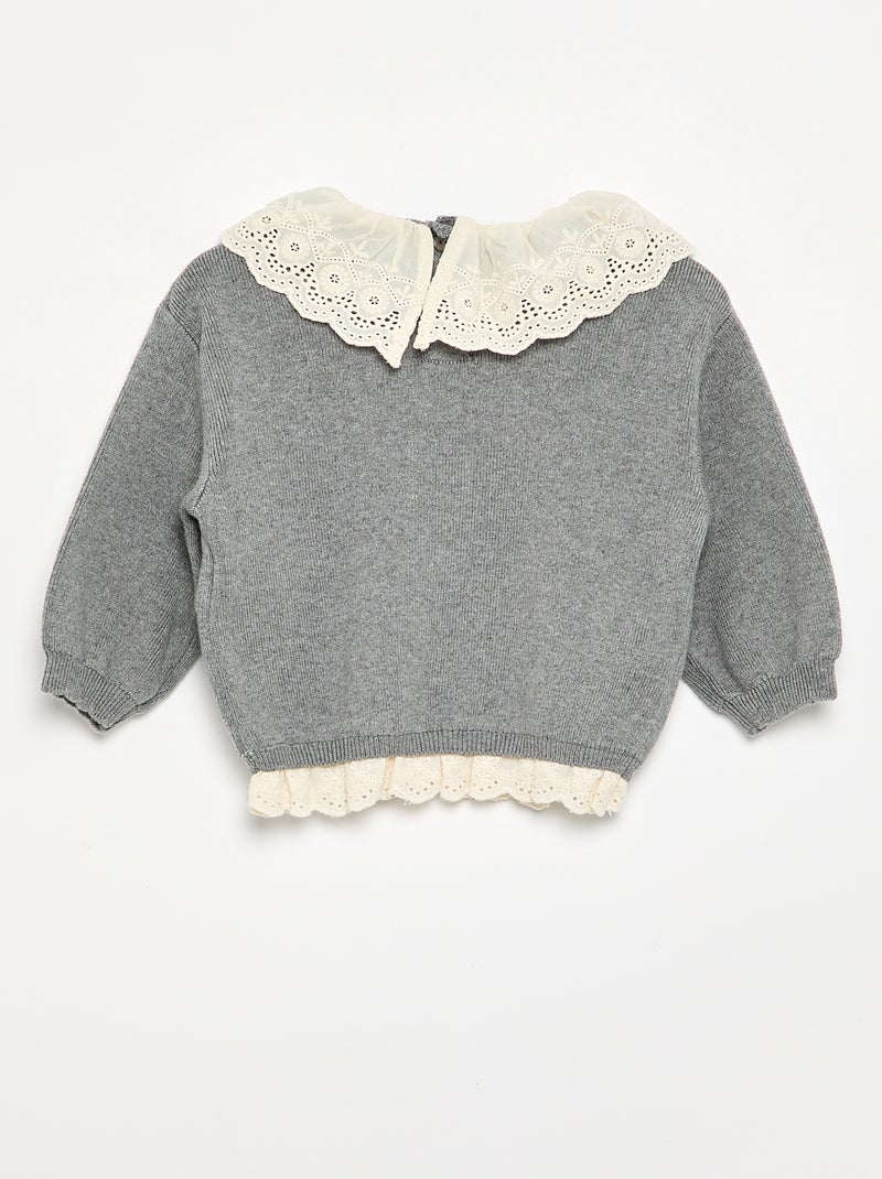 Jersey con cuello de fantasía y bordado inglés Gris - Kiabi