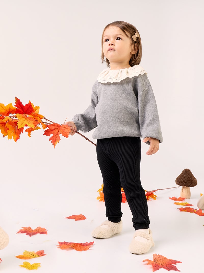 Jersey con cuello de fantasía y bordado inglés Gris - Kiabi