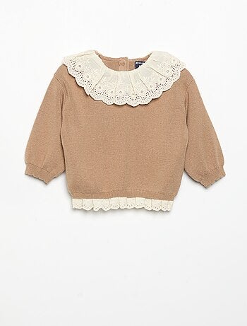 Jersey con cuello de fantasía y bordado inglés