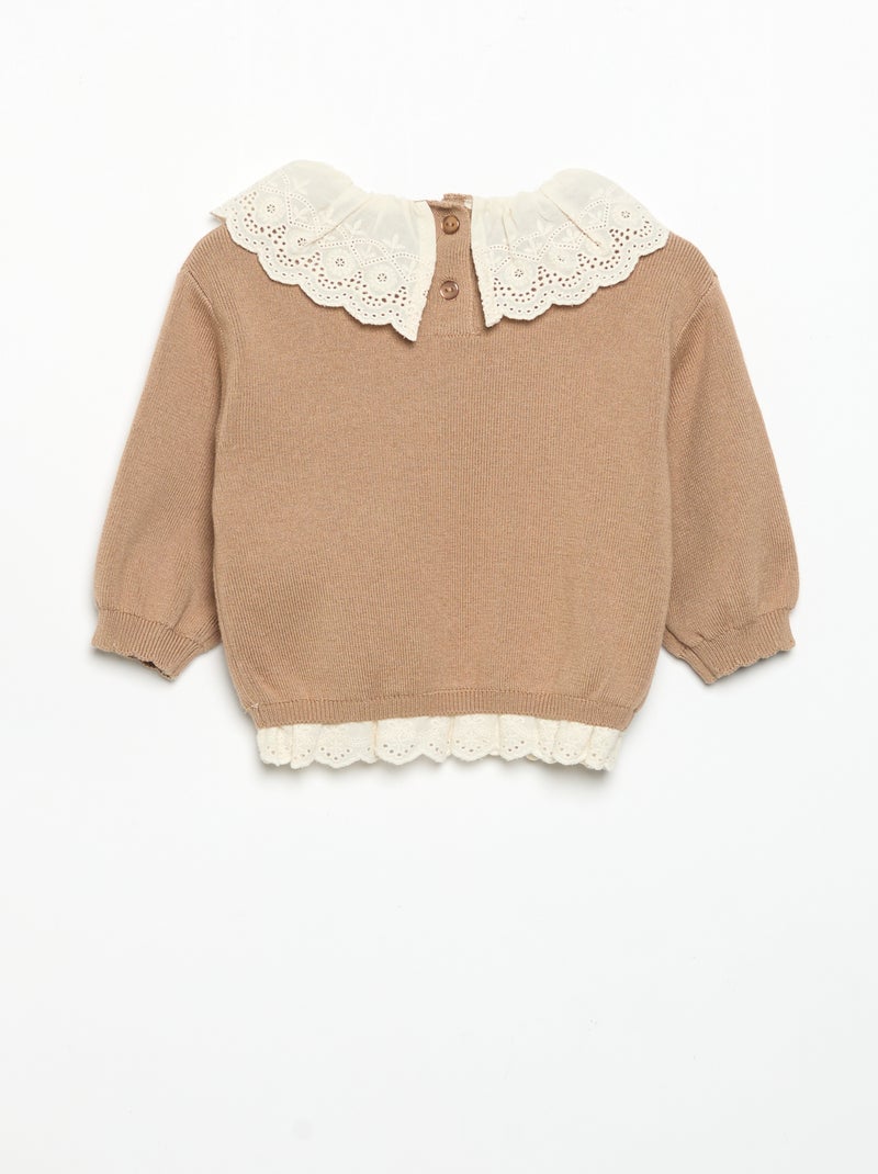Jersey con cuello de fantasía y bordado inglés Marron - Kiabi