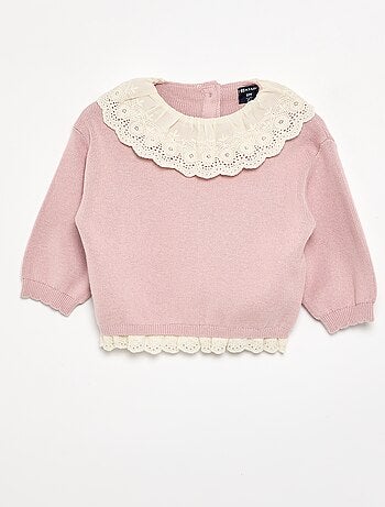Jersey con cuello de fantasía y bordado inglés