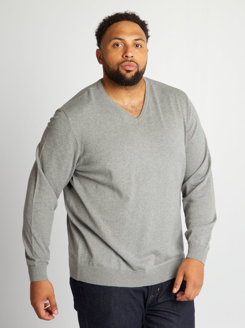 Jersey con cuello de pico de punto fino GRIS - Kiabi