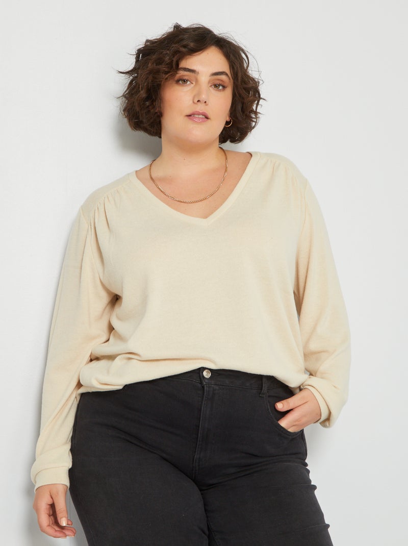 Jersey con cuello de pico de punto suave beige - Kiabi