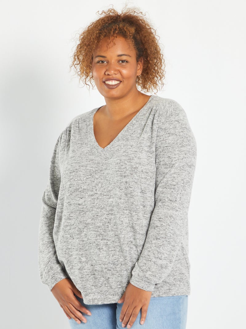 Jersey con cuello de pico de punto suave GRIS - Kiabi