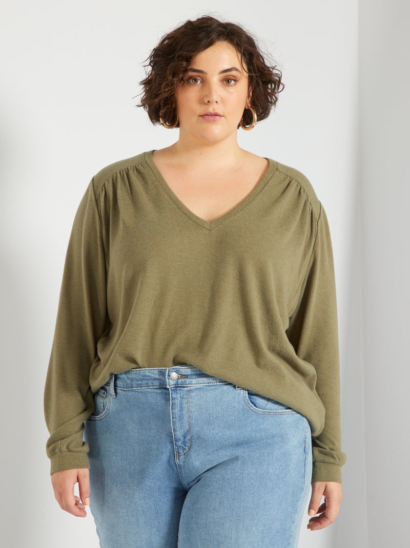 Jersey con cuello de pico de punto suave verde liquen - Kiabi