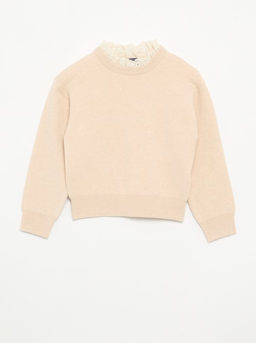 Jersey con cuello redondo efecto 2 en 1 y bordados ingleses - Kiabi
