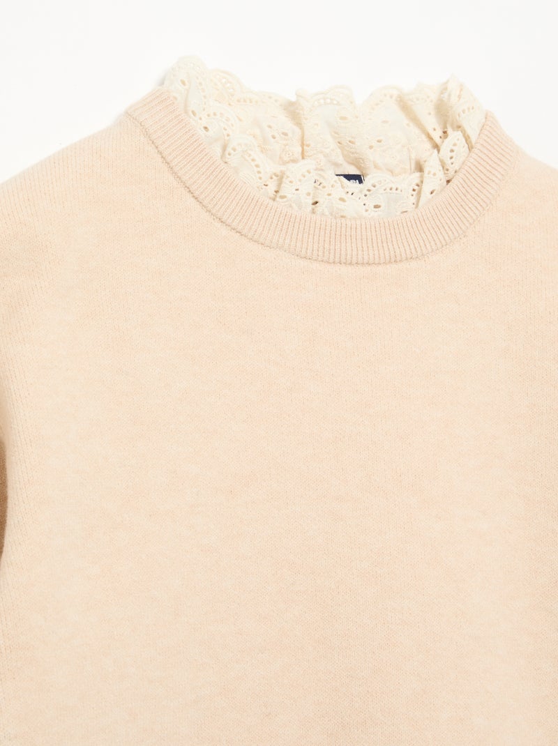 Jersey con cuello redondo efecto 2 en 1 y bordados ingleses Beige - Kiabi