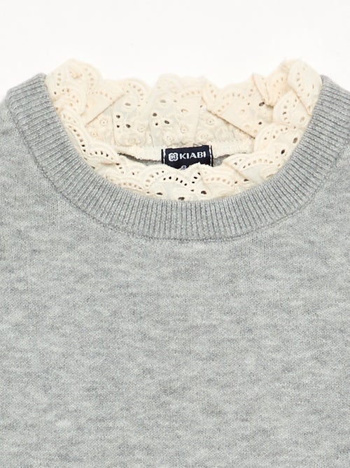 Jersey con cuello redondo efecto 2 en 1 y bordados ingleses - Kiabi