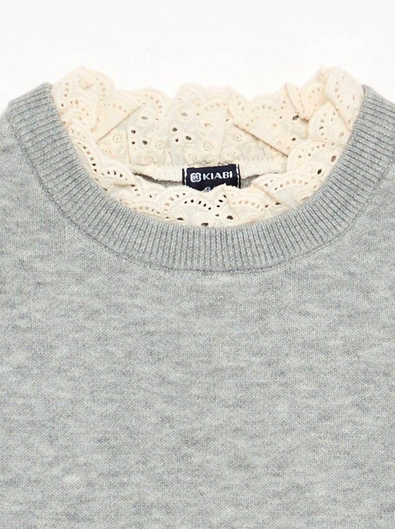 Jersey con cuello redondo efecto 2 en 1 y bordados ingleses Gris - Kiabi