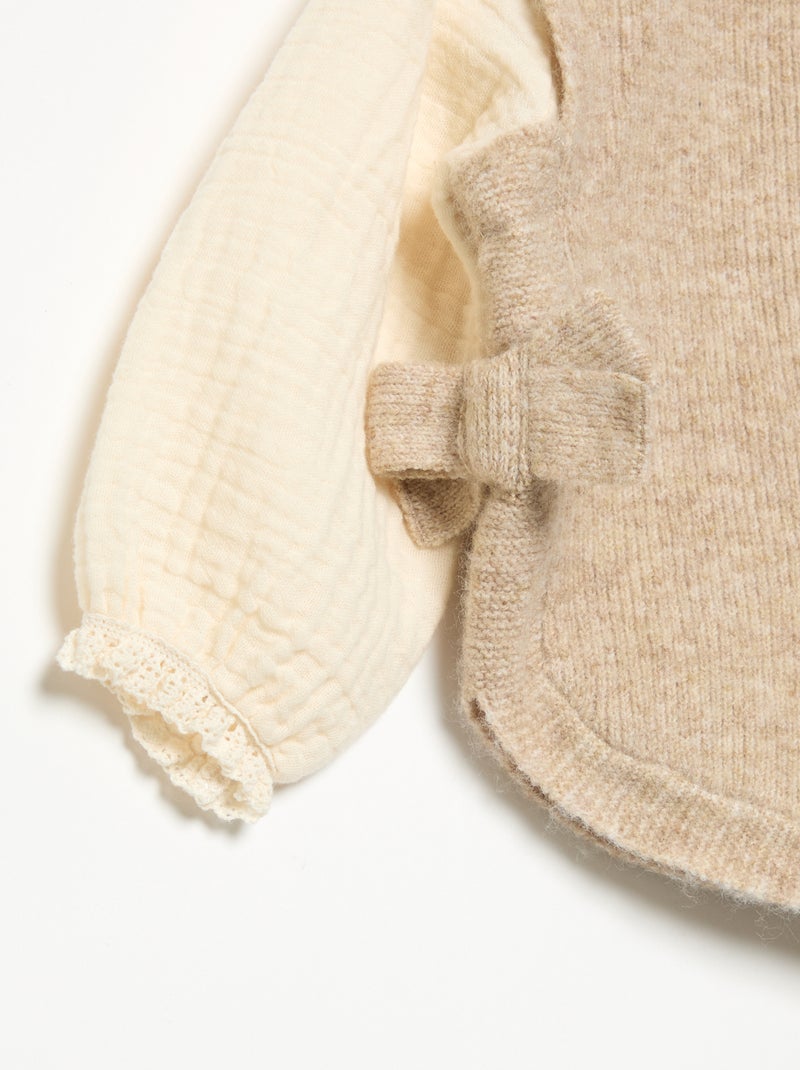 Jersey con lazos y mangas de voile de algodón Beige - Kiabi