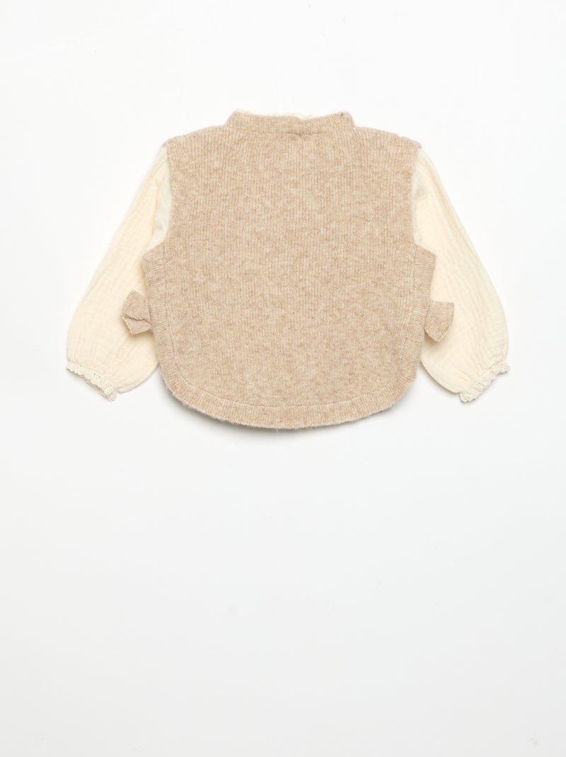 Jersey con lazos y mangas de voile de algodón Beige - Kiabi