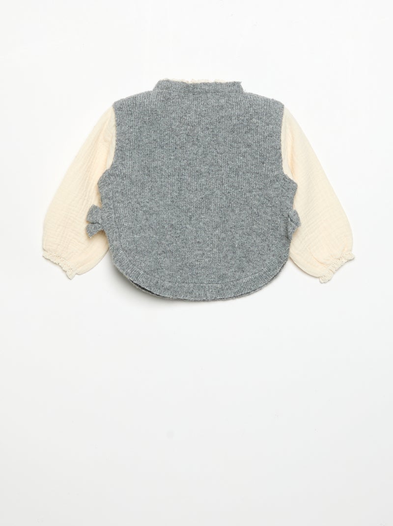 Jersey con lazos y mangas de voile de algodón Gris - Kiabi