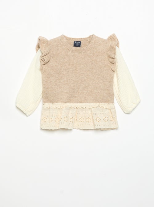 Jersey con mangas de velo de algodón y bajo bordado - Kiabi