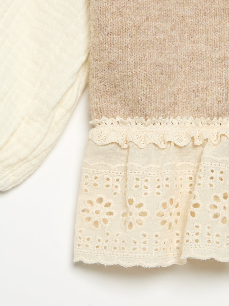 Jersey con mangas de velo de algodón y bajo bordado Beige - Kiabi