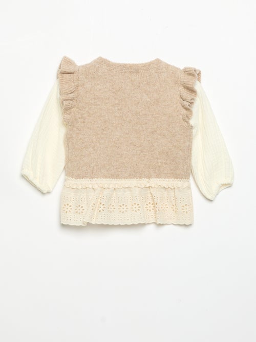 Jersey con mangas de velo de algodón y bajo bordado - Kiabi