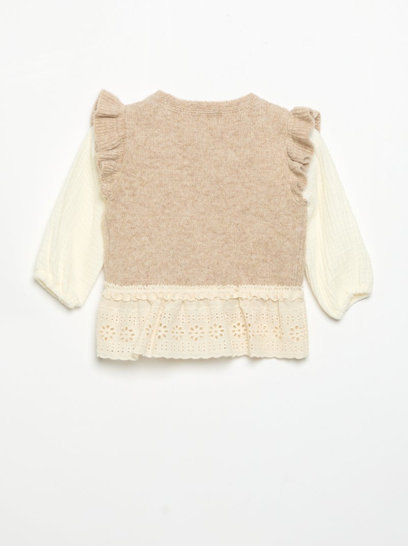 Jersey con mangas de velo de algodón y bajo bordado Beige - Kiabi