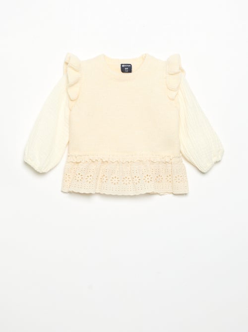 Jersey con mangas de velo de algodón y bajo bordado - Kiabi