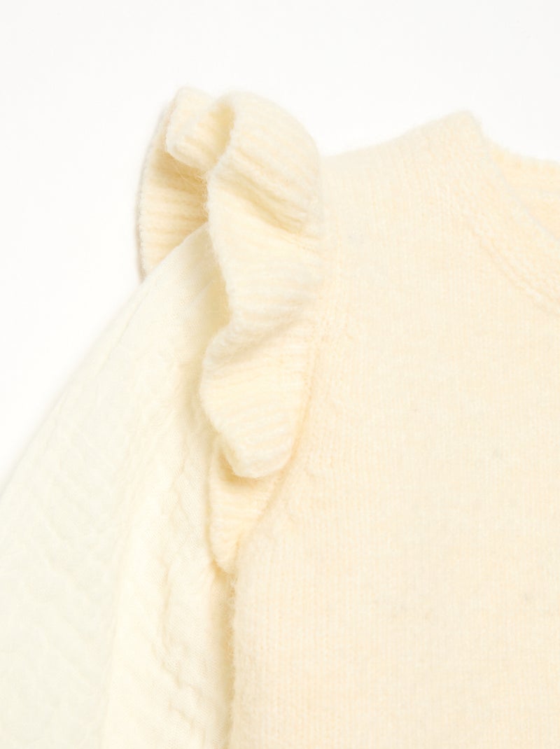Jersey con mangas de velo de algodón y bajo bordado Blanco - Kiabi