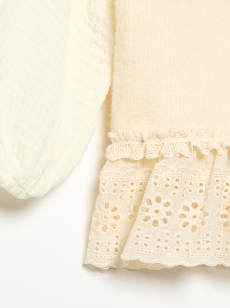 Jersey con mangas de velo de algodón y bajo bordado Blanco - Kiabi