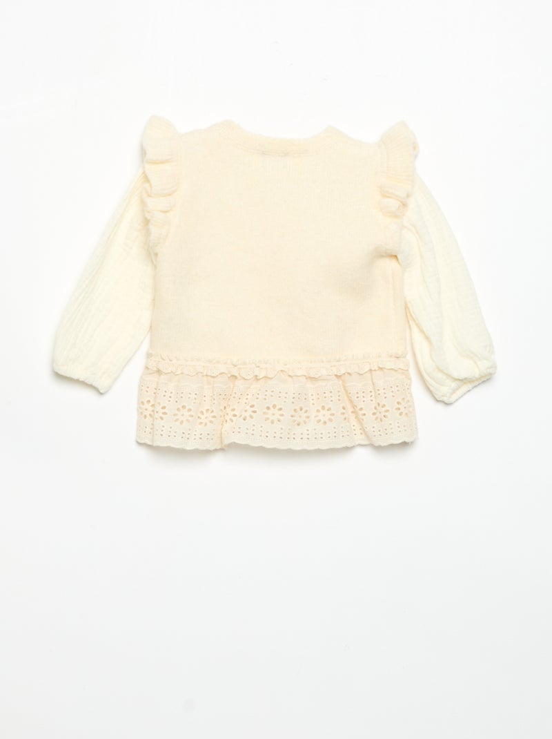 Jersey con mangas de velo de algodón y bajo bordado Blanco - Kiabi