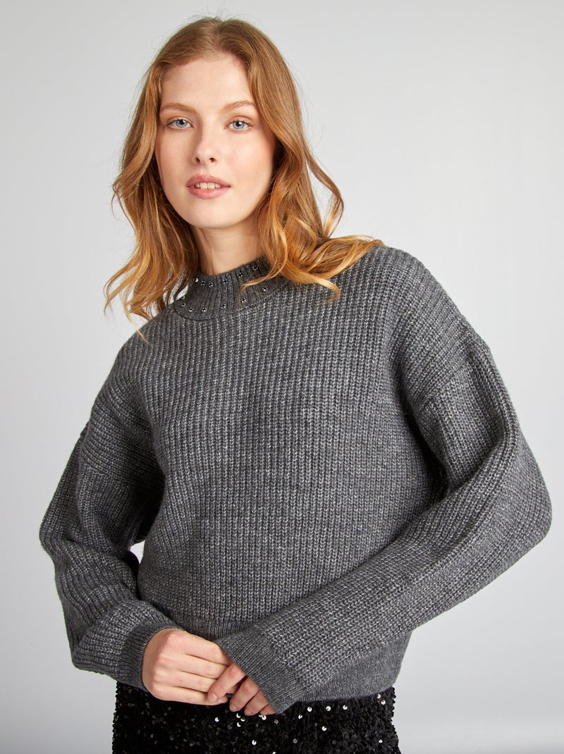 Jersey con pedrería en el cuello GRIS - Kiabi