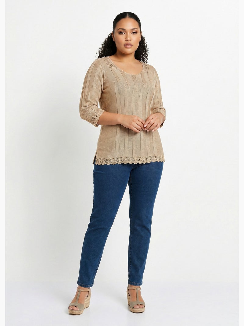 Jersey corto calado cuello redondo - Afibel Beige - Kiabi