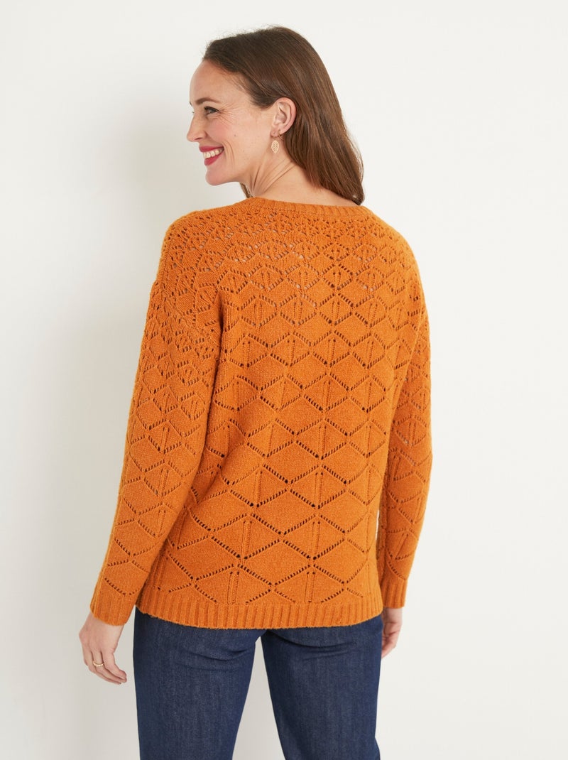 Jersey corto calado, cuello redondo, mangas largas - Afibel Marrón caramelo - Kiabi