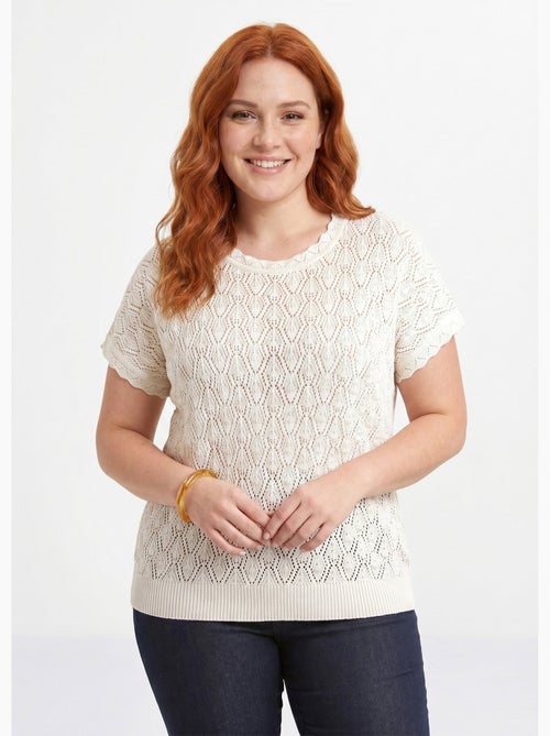Jersey corto de algodón con cuello redondo calado y efecto crochet - Afibel - Kiabi