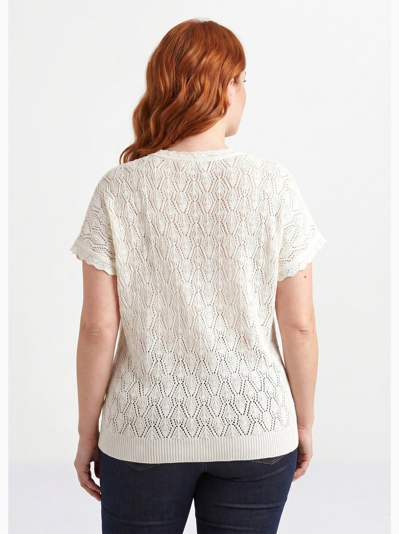 Jersey corto de algodón con cuello redondo calado y efecto crochet - Afibel Crudo - Kiabi