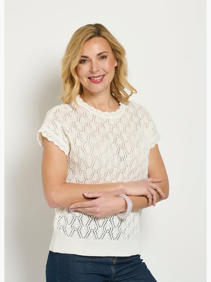 Jersey corto de algodón con cuello redondo calado y efecto crochet - Afibel Crudo - Kiabi