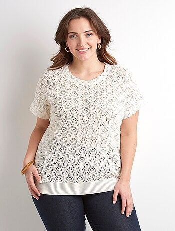Jersey corto de algodón con cuello redondo calado y efecto crochet