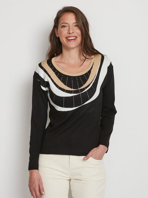 Jersey corto de jacquard con strass y cuello redondo - Afibel - Kiabi