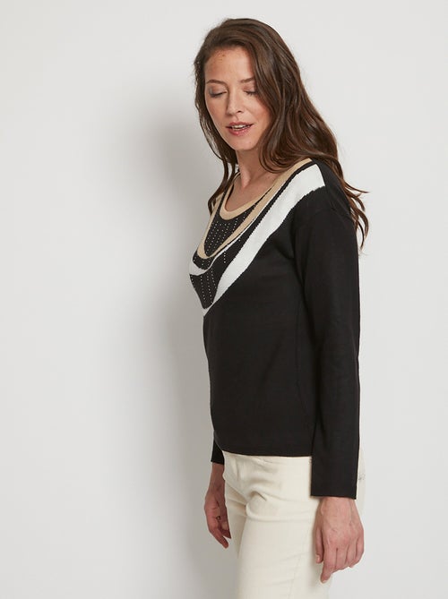 Jersey corto de jacquard con strass y cuello redondo - Afibel - Kiabi